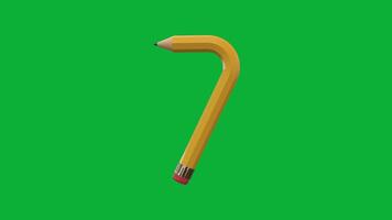 3d siffra 7 designad med penna stil roterande animering på grön skärm bakgrund, kreativ pedagogisk objekt, skola inlärning symbol, dekorativ typografi element för undervisning, utbildning video