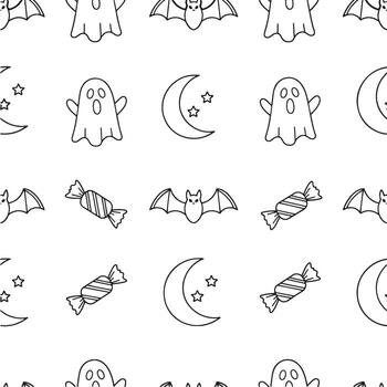 Halloween pattern with spooky background, ghost pattern, bat background, and festive icons for invitation or holiday backgrounds vector