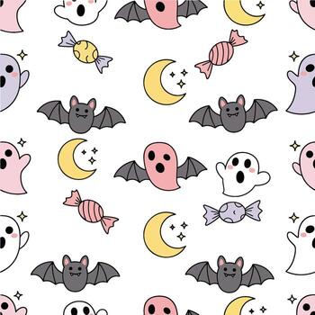 A funky Halloween pattern with a celestial ghost pattern and spooky bat background. This festive pattern clip art icon set brings humor to a holiday background invitation vector