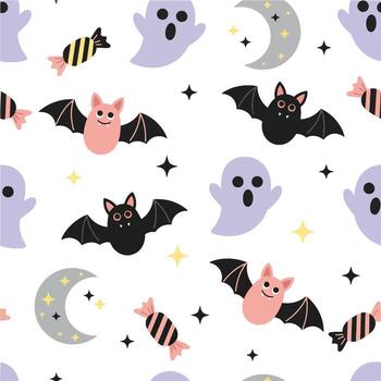 A funky and celestial Halloween pattern with a humorous ghost pattern and bat background. This festive holiday background is perfect as clip art for a boys invitation vector