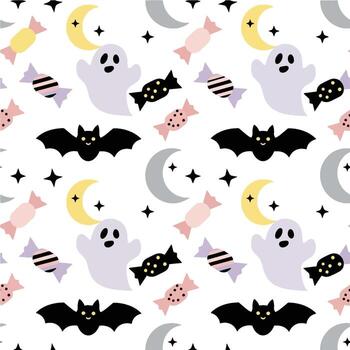 Festive Halloween Pattern Spooky Ghosts, Bats, and Sweets on a Celestial Background for Invitations vector