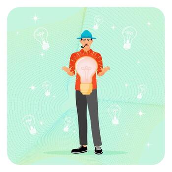 The concept of finding ideas. A smart man holds a light bulb, thinking of a solution to a problem. vector