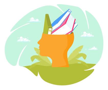 Dictionary brain concept. Head silhouette with stack of books inside. vector