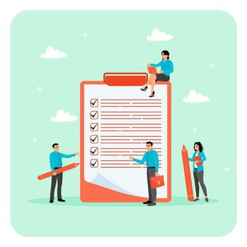 Plan to finish work concept. Business people with Checklist to complete project task. vector