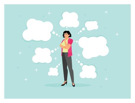 Too many thinking ideas concept. Woman overwhelmed issues or busy problem to be solved. vector