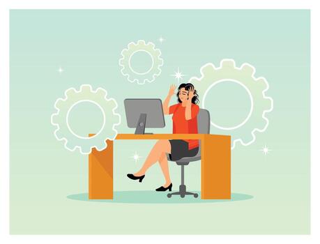 ocupado oficina trabajador a escritorio con computadora y engranajes vector