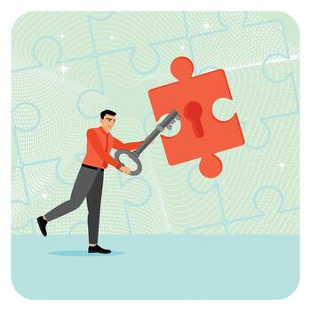 solución concepto. empresario con gigante llave desbloqueo rompecabezas pedazo para seguridad. vector