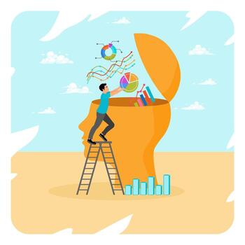 Data scientist concept. A scientist put graph diagram report on human head brain. vector