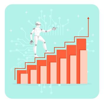 Rise of AI artificial intelligence concept. A robot walk up growth graph. vector