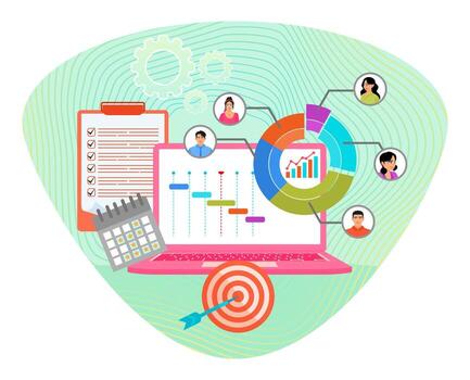 Project management illustration with tools and charts vector