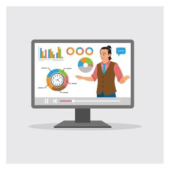 Businessman Expert Explains Business Pie Chart in Interface on Computer. vector