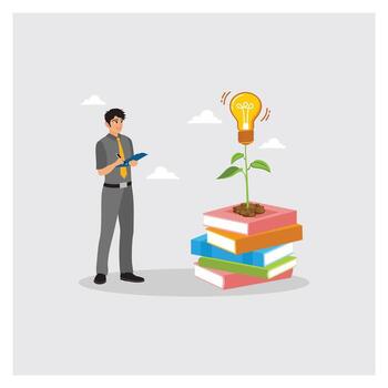 Man with a Stack of Books with Light Bulb Plants Symbolizes Learning and Knowledge. vector