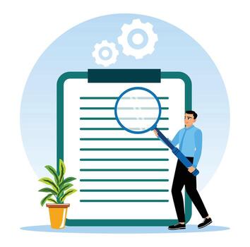 The manager examines and analyzes the document files with a magnifying glass. vector