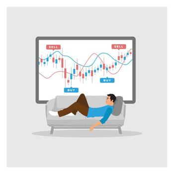 Successful Investors Sleep in Front of Computer Screens Displaying Financial Charts. vector