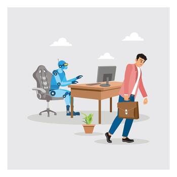 Robotic Coworker Sits at a Desk with a Computer while a Businessman Walks Away. vector