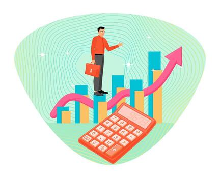 Calculate revenue growth. Man Standing on Bar Graph With Rising Arrow, Calculator, and Briefcase. vector