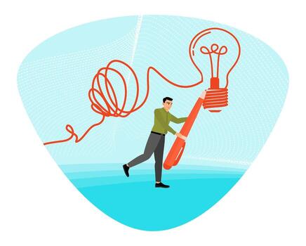 Creativity to solve problem concept. Business man draw light bulb from messy knot. vector