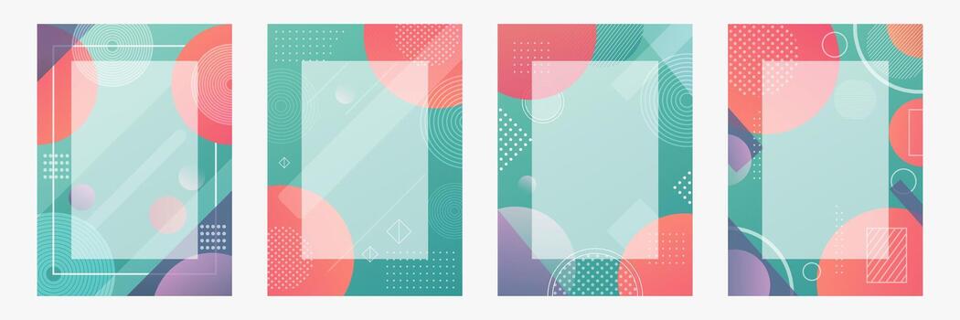 Set of 4 document templates with colorful circular and linear patterns, modern flat graphic style, teal background vector