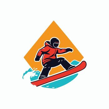 Snowboarder riding on wave set inside diamond shape on isolated background done in retro style vector