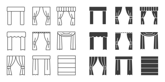 Collection of Curtain and Window Treatment Icons on Light Background Featuring Drapes, Valances, Swags, and Blinds in Outline and Solid Styles vector