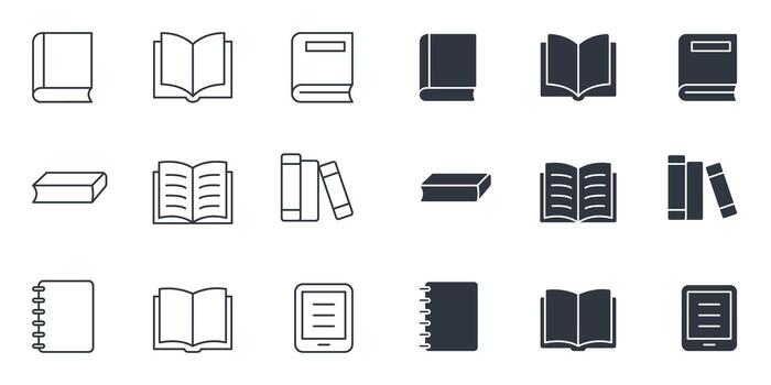 Collection of Book and Reading Icons on Light Background Featuring Closed Books, Open Books, Stacked Books, Notebooks, and E-Readers in Outline and Solid Styles vector