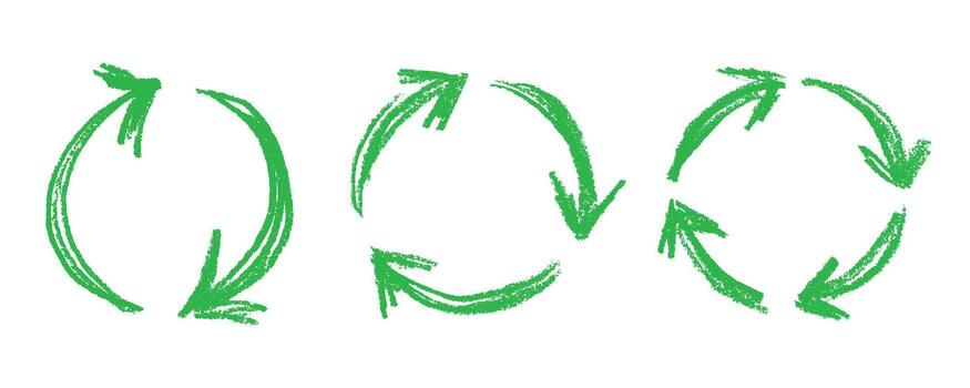 Set of hand drawn recycle arrow icon Recycling resources symbol Reuse of materials, zero waste, green environment, saving the planet doodle isolated vector