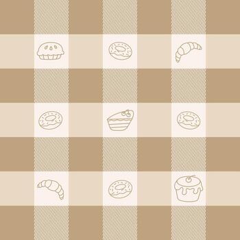 Seamless pattern texture of beige checkered fabric with the image of confectionery, pie, croissant, cake, donut. vector
