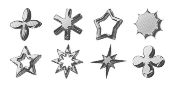 Y2k 3d chrome halftones stars shape retro abstract element illustration set. vector