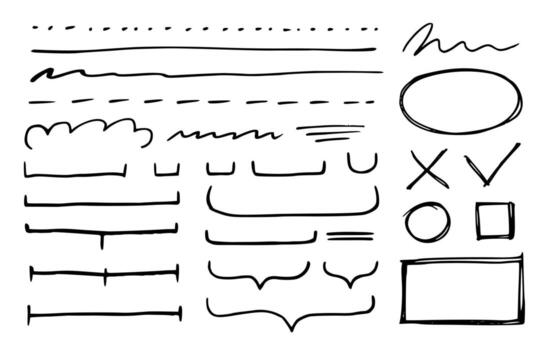 Sketch divider lines underline cross checkbox doodles scribble cloud highlight swirl line notes hand written drawing illustration vector