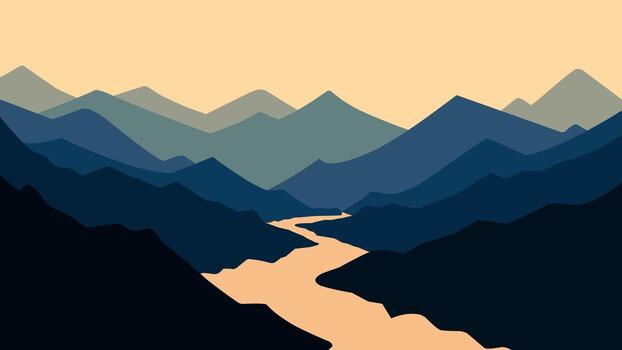 Landscape of a river in mountains scenery. Panoramic view of mountain range with a river flowing through it. Illustration of scenic landscape with a river winding between majestic mountain range vector