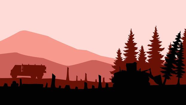 Landscape silhouette of illegal logging in a pine forest. Panoramic view of deforestation with bulldozer and forestry truck. Illustration of coniferous forest with illegal trees cutting activity vector