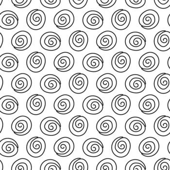 pattern is abstract from a thin line of spirals. Repeating seamless texture of round spirals arranged in a symmetrical pattern. Cute illustration, schematic imitation of roses top view. Circles filled vector