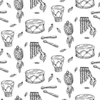pattern of Native American musical instruments. Seamless texture in doodle style. Hand drum, drum with sticks, sampogno flute, tambourine with feathers. Religious rituals. American Indians vector