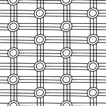 abstract pattern consists of thin lines intersecting stripes and circles. Repeating seamless texture of circles, lines arranged in symmetrical pattern. Woven mesh with round elements. Clear ornament vector