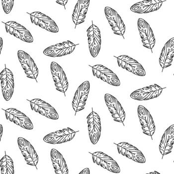 contour feathers pattern. The theme of the first American settlements. The bird's feathers are large with doodle-style designs. Seamless texture graphics for fabric. Black drawing on white, graphics vector