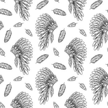 Roach's headdress is decorated with feathers, Native American patterns. Seamless texture in doodle style. A warlike item for a feathered head. Fluffy, turning in different directions. American Indians vector