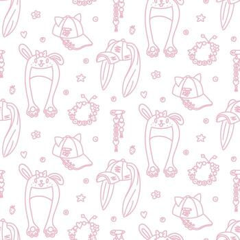 Bright K-pop style design. Seamless texture with bright elements of Korean music trends. Bracelet with flower, heart, hat with ears, cap, keychain with beads. Sequins, hearts, cloud K-POP-style text vector