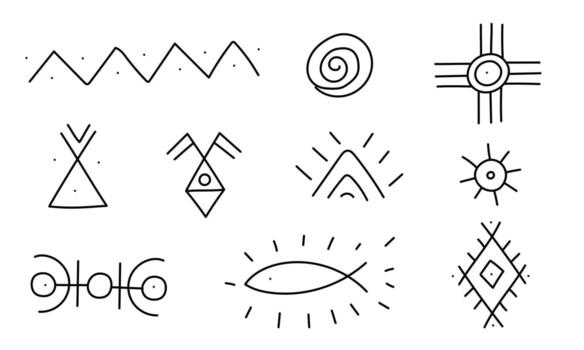 set of elements in style of scribbles, rock carvings, and Native American writing. Graphic images repeated in textures of fabric decorations and embroidery. Black and white scribbles. American Indians vector