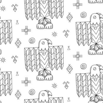 modelo de un tótem polo en formar de pájaro con símbolos de nativo americano asentamientos sin costura textura en garabatear. de madera pájaro con grande envergadura con escritura simbolos culto. americano indios vector