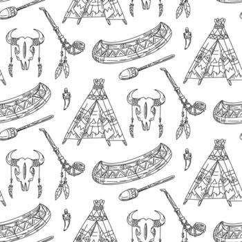 pattern of teepee, cow's skull, canoe, smoking pipe, and Native American objects. Seamless texture in the style of doodles. The theme of nomadic housing. Decorated with feathers. American Indians vector