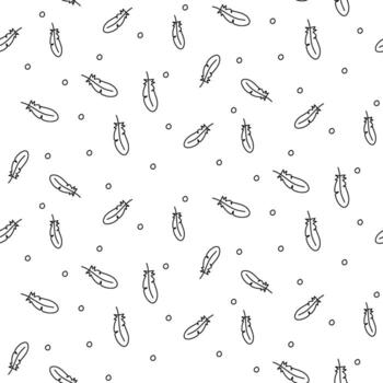 pattern is contoured feathers and beads. Theme of the first American settlements. feathers of the bird are small in doodle style. Seamless texture graphics for fabric. Black drawing on white, graphics vector