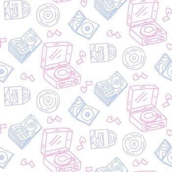 Bright K-pop style design. Seamless texture with bright elements of Korean music trends. Notes with a disc, turntable, plate, disks, albums. Glitter, hearts, a cloud with K-POP style text vector