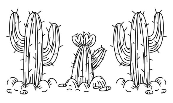 A set of elements in the style of scribbles of desert cacti. A flowering cactus in the middle. The nature of the desert. The flowering of plants in a dry climate. Scribbles in black and white. vector