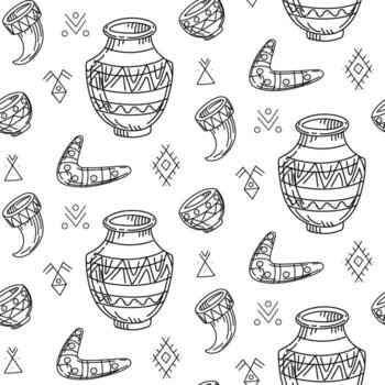 pattern of Native American objects in doodle. An earthenware jug and bowl, drinking horn, boomerang. Tableware with symbols, elements writing. Seamless texture. theme of nomadic life. American Indians vector