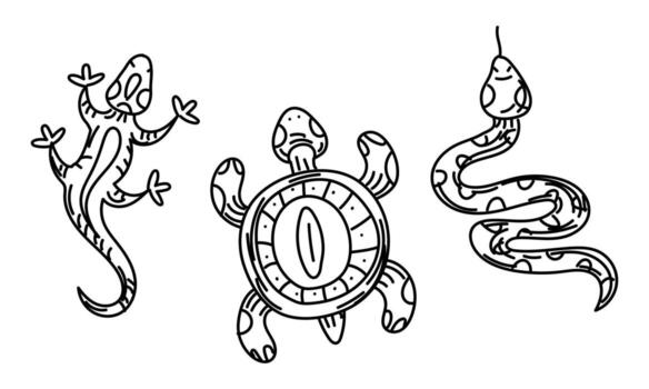 A set of elements in the style of scribbles of desert animals. Lizard, turtle, snake painted with Native American motifs. Handmade products. Black and white scribbles. American Indians vector