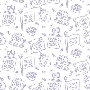 Bright K-pop style design. Seamless texture with bright elements of Korean music trends. Shopping bag, fan stuff, pillow, mug, soft dinosaur toy, capybara. Glitter, hearts, cloud with K-POP style text vector