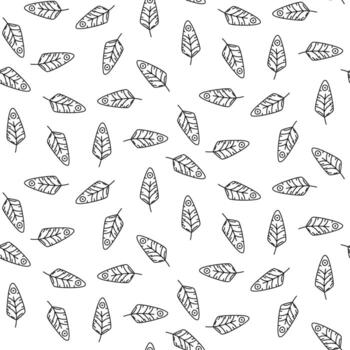 pattern is contoured with small feathers. The theme of the first American settlements. Bird feathers with doodle-style designs. Seamless texture graphics for fabric. Black drawing on white, graphics vector
