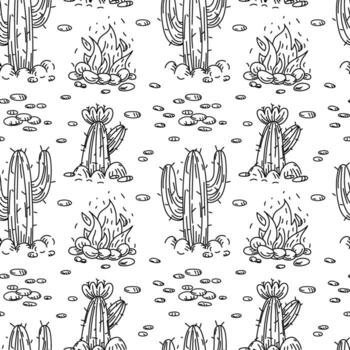 modelo de hogueras y cactus en el desierto. sin costura textura en el estilo de garabatos un grande hoguera en el Desierto con rocas, cactus con y sin flores interminable Desierto naturaleza. americano indios vector
