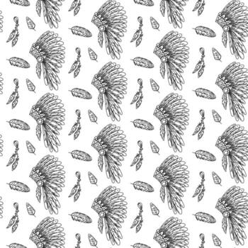 Roach's headdress is decorated with feathers, Native American patterns. Seamless texture in doodle style. A military headdress with a hair band, all and feathers. Elements per head. American Indians vector