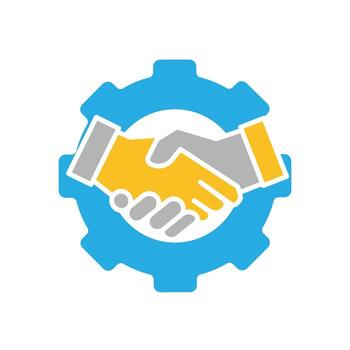 Collaboration icon. Management. Shaking hands with gears behind them. manager, success. flat design style. vector